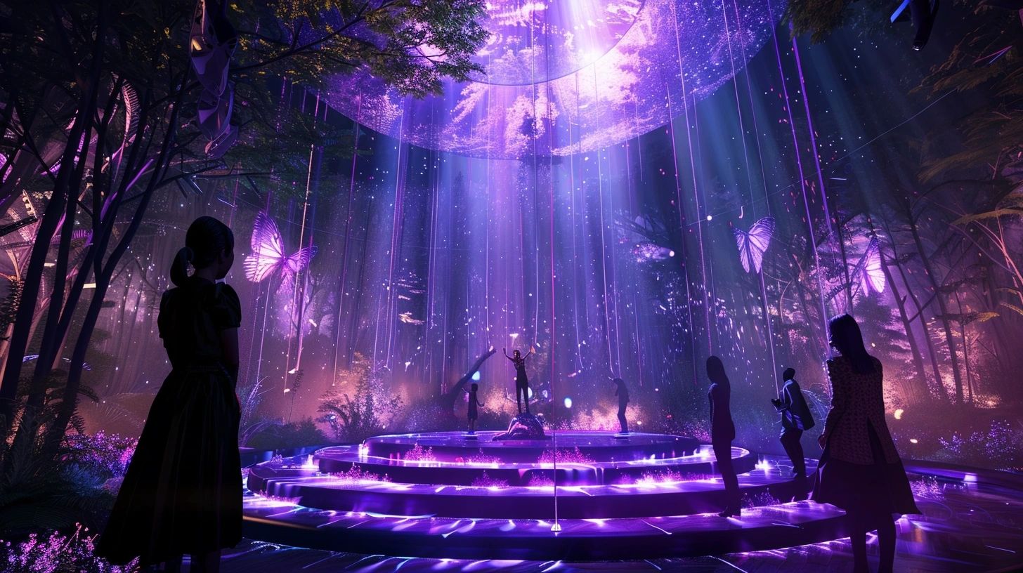 Visitors inside an LED volume environment