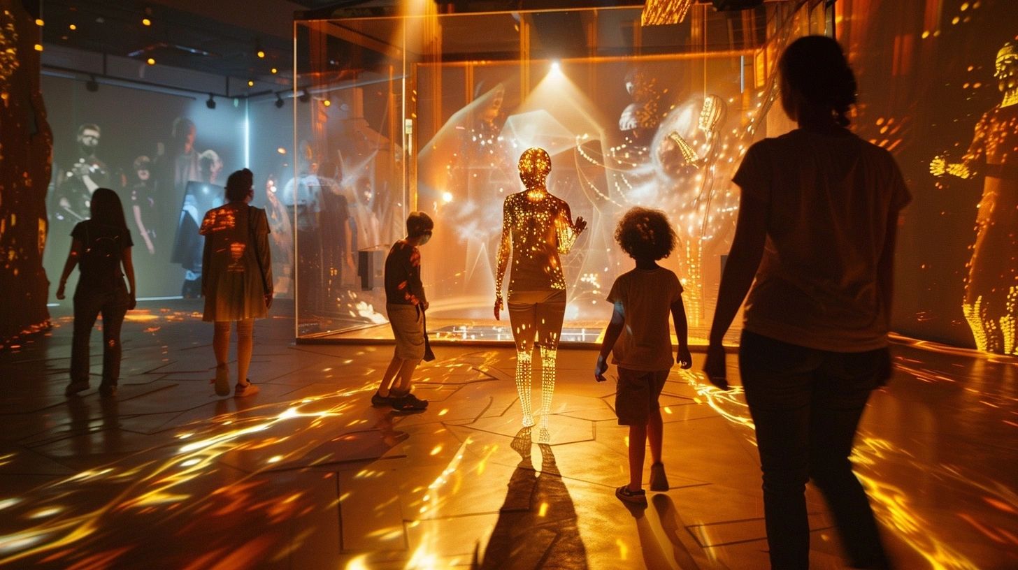 Visitors walking through an immersive projection gallery